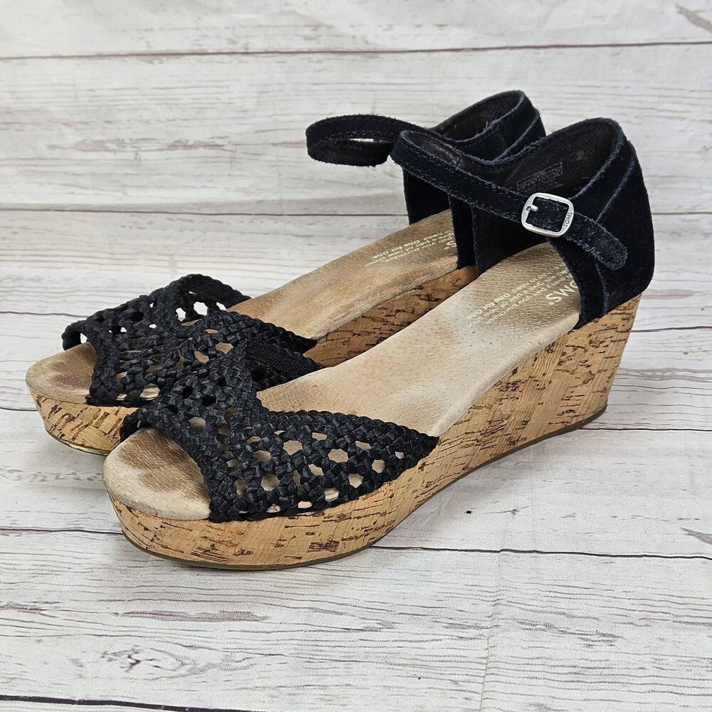 Toms Women's Size 7 Black Cork Wedge Sandals Open Toe Ankle Strap
